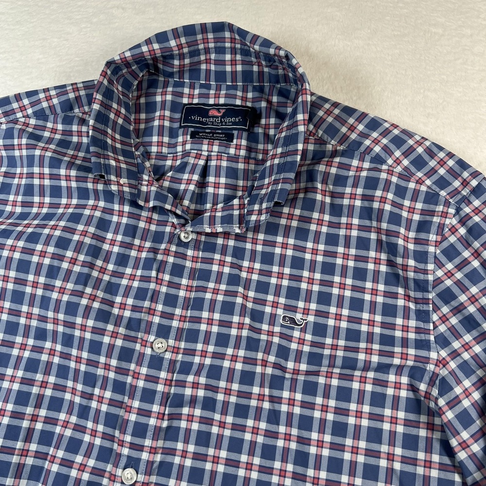 Vineyard Vines Whale Shirt Mens Large Blue Plaid Long Sleeve Stretch Button Down